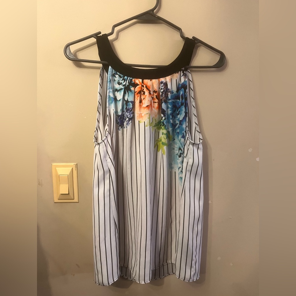 Striped Floral Halter Tank Top in Black, White & Multicolor with thread pull
